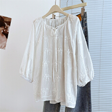 批发实拍新款高品质立体花刺绣圆领系带上衣夏季灯笼袖纯色<b class='q'>衬衫</b>