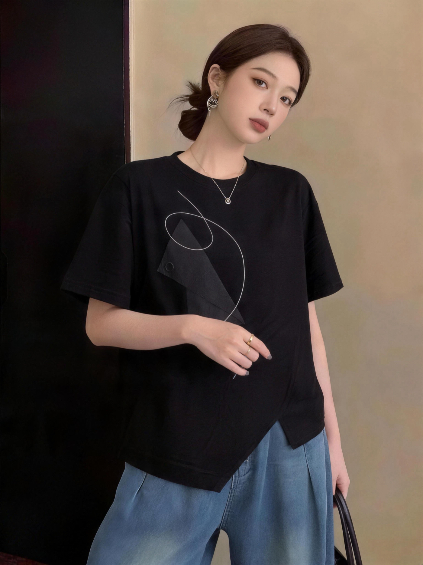 실사 빅 사이즈 여름 새로운 지방 mm 외국 가스 연령 감소 루즈핏 캐주얼 패션 미니멀리즘 패치워크 반팔 티셔츠
