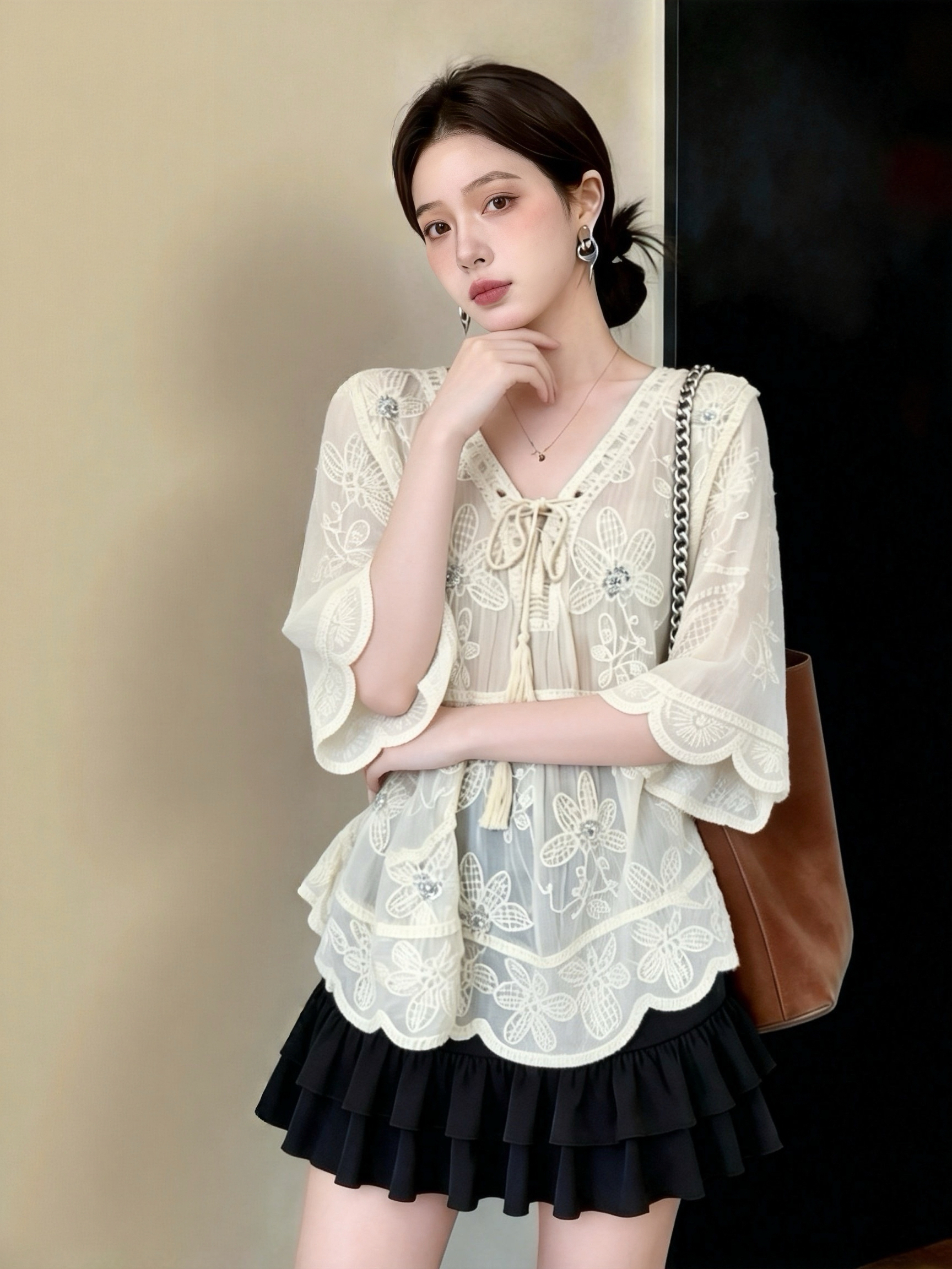 실사 빅 사이즈 지방 mm 여름 새로운 보헤미안 바람 무거운 작업 비즈 박기 자수 V넥 7부 소매 다용도 맨위