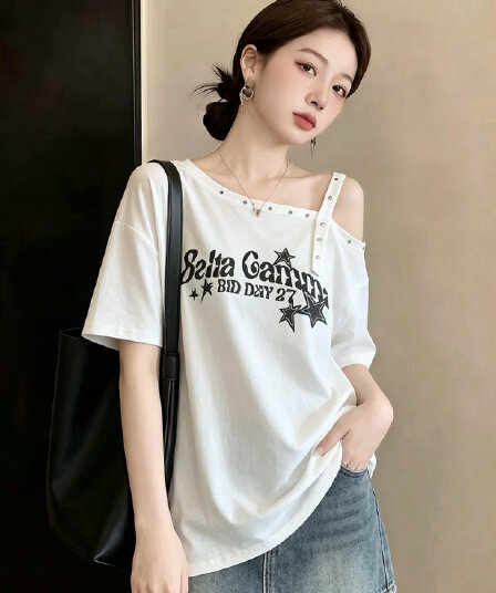 실사 빅 사이즈 여성 의류 알파벳 프린트 오프숄더 반팔 티셔츠 여름 지방 mm 루즈핏 표지 배 디자인 센스 비스듬한 어깨 의류