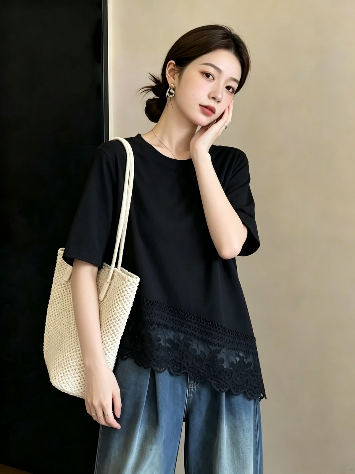 실사 빅 사이즈 여성 의류 여름 한국 스타일 디자인 센스 연령 감소 외국 가스 레이스 레이스 불규칙 다용도 슬림해 보이는 티셔츠