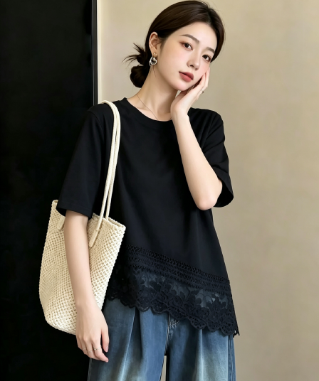 실사 빅 사이즈 여성 의류 여름 한국 스타일 디자인 센스 연령 감소 외국 가스 레이스 레이스 불규칙 다용도 슬림해 보이는 티셔츠