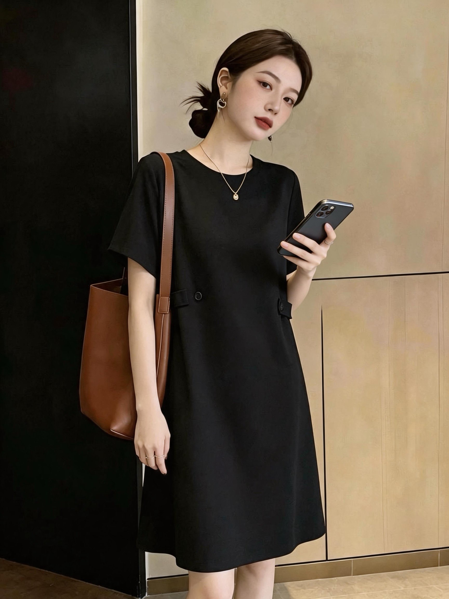 실사 빅 사이즈 여성 의류 여름 단색 작은 청신 한국 스타일 루즈핏 슬림해 보이는 미니멀리즘 드레스