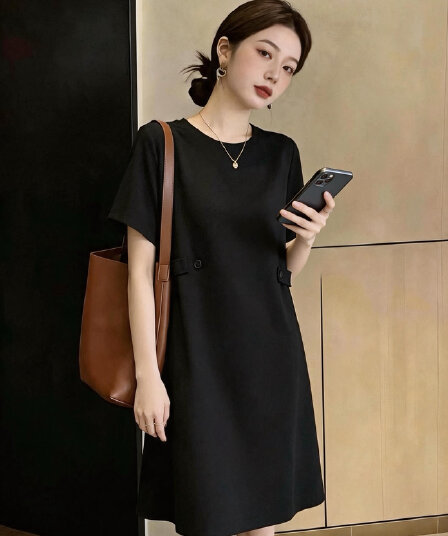 실사 빅 사이즈 여성 의류 여름 단색 작은 청신 한국 스타일 루즈핏 슬림해 보이는 미니멀리즘 드레스