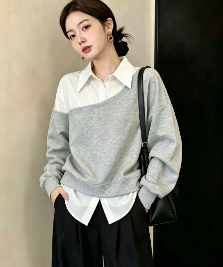 실사 빅 사이즈 여성 의류 고유 한 셔츠 패치워크 단색 긴팔 후드티 지방 mm Chic 페이크 레이어드 맨위