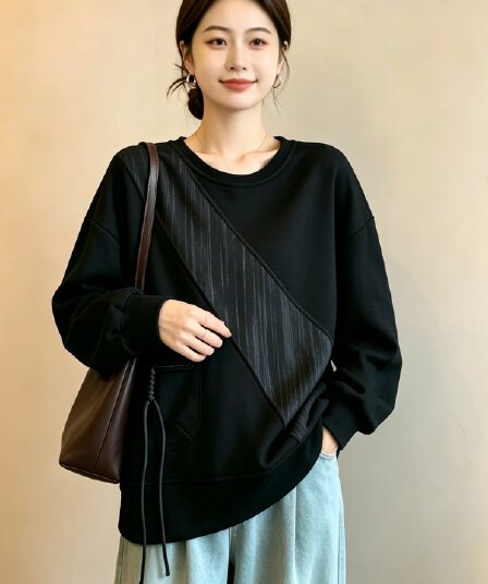 실사 빅 사이즈 가을 의상 새로운 루즈핏 캐주얼 표지 고기 슬림해 보이는 여성 의류 미니멀리즘 다용도 패치워크 긴팔 후드티 맨위
