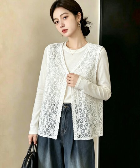 실사 빅 사이즈 여성 새로운 고급 센스 다용도 홀로우 아웃 자수 보헤미안 스택 착용 오픈 가디건 베스트 외부 잡아라. 의류
