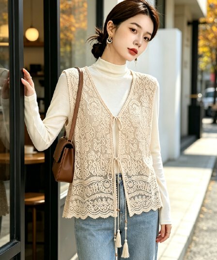 실사 빅 사이즈 가을 새로운 루즈핏 슬림해 보이는 프랑스식 고급 센스 단색 베스트 오픈 가디건 조끼 민소매 맨위