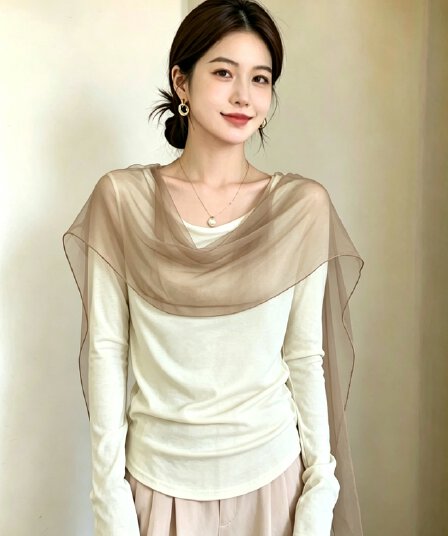 실사 빅 사이즈 프랑스식 오프숄더 흔들다 칼라 긴팔 니트 기본 셔츠 고급 센스 품격 Tulle 패치워크 맨위