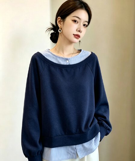 실사 빅 사이즈 가을 새로운 한국 스타일 디자인 센스 페이크 레이어드 고급 센스 다용도 캐주얼 풀오버 티셔츠 후드티