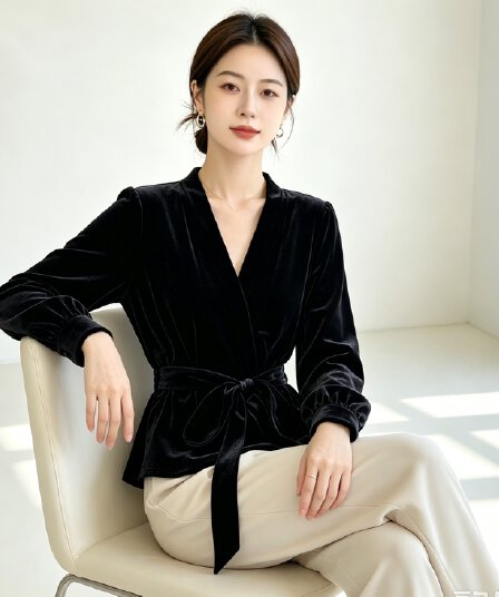 실사 빅 사이즈 여성 의류 가을 신제품 패션 작은 셔츠 외출용 셔츠 허리 수축 스트랩 오픈 가디건 금사 벨벳 맨위