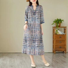 批发春款苎麻V领中国风复古宽松显瘦套头中长<b class='q'>连衣裙</b>子过膝简约<b class='q'>连衣裙</b>