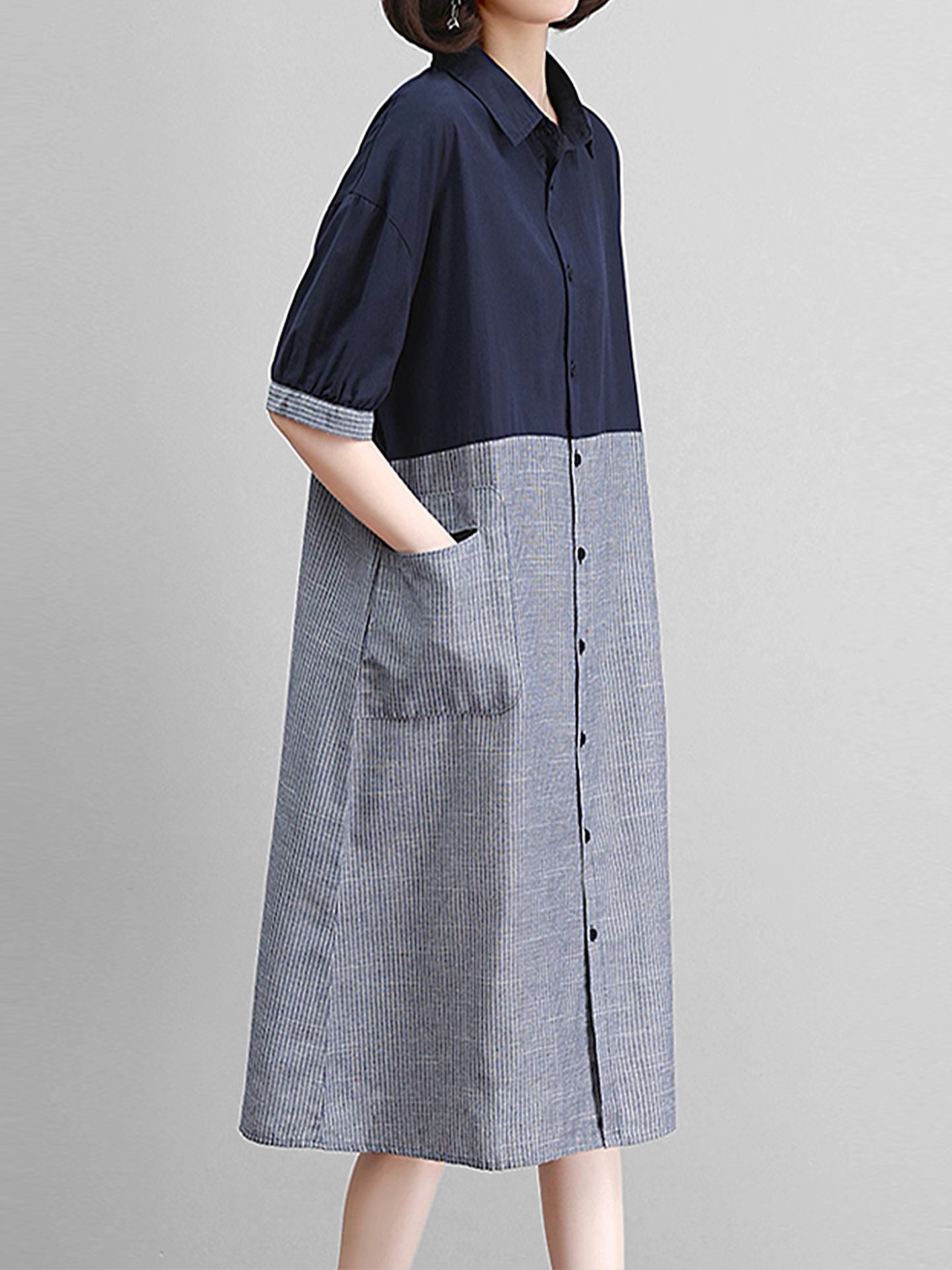 배색 스트라이프 순면 여성 드레스 여름 새로운 중년 엄마 루즈핏 표지 배 슬림해 보이는 연령 감소 셔츠 치마