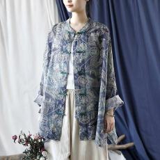 批发复古民族风盘扣印花中长款苎麻衬衫宽松大码上衣长袖外套