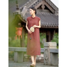 批发2026夏苎麻印花新中式<b class='q'>改良</b><b class='q'>旗袍</b>中长款立领红色套头连衣裙