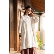 批发中国风传统盘扣系带棉麻茶服衫<b class='q'>中长款</b>宽松大码休闲男女长袖太极服