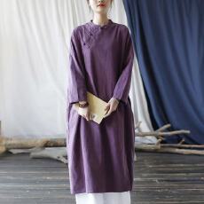 批发中式连衣裙民族风原创文艺女装大码宽松禅意茶服苎麻复古长裙