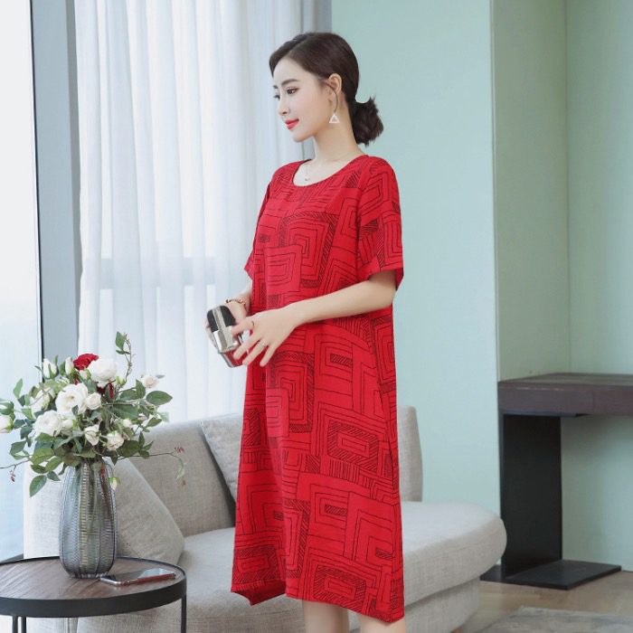 실사 2026 여름 드레스 문예 빅 사이즈 프린트 면 루즈핏 슬림해 보이는 외국 가스 허리 수축 표지 배 슬림해 보이는 드레스