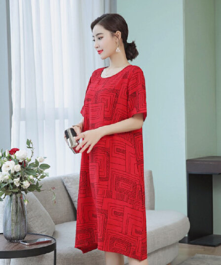 실사 2026 여름 드레스 문예 빅 사이즈 프린트 면 루즈핏 슬림해 보이는 외국 가스 허리 수축 표지 배 슬림해 보이는 드레스