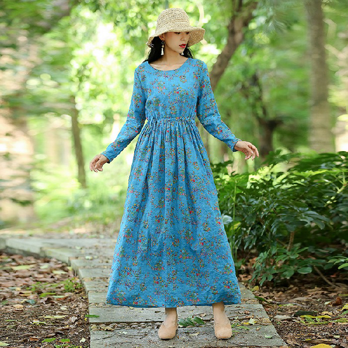 실사 개선 치파오 드레스 단추 아마 중간 길이 스커트 꽃무늬 민족 스타일 면 실크 여성 의류 드레스