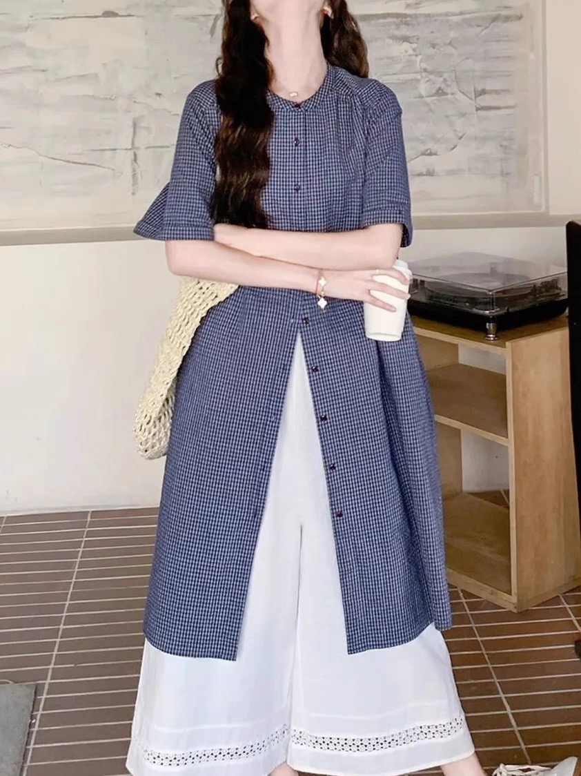 문예 센 부서 면 소재 체크무늬 루즈핏 셔츠 드레스 여성 여름 새로운 캐주얼 품격 연령 감소 재킷 반팔 셔츠