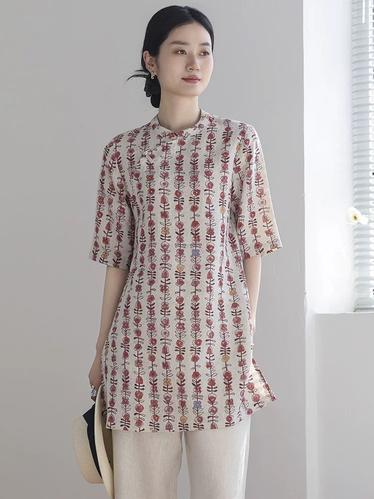 여름 새로운 문예 국풍 단추 프린트 셔츠 아마 중간 소매 티셔츠 여성 다용도 캐주얼 맨위 여성 의류