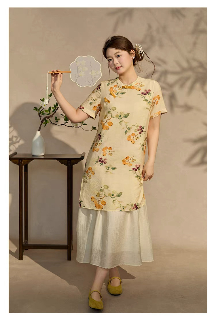 여름 라미 프린트 국풍 젠 단추 루즈핏 로브 드레스