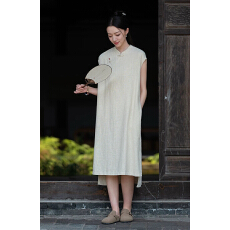 批发棉麻复古连衣裙女夏季<b class='q'>新款</b>中式立领盘扣茶服<b class='q'>旗袍</b>苎麻禅意无袖长裙