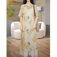 批发2026新款复古苎麻连衣裙禅意长裙女中式国风印花改良旗袍连衣裙