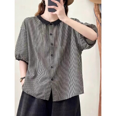 批发日系黑白格<b class='q'>衬衫</b><b class='q'>女</b>夏季宽松五分袖翻领娃娃衫气质亚麻短<b class='q'>衬衣</b>