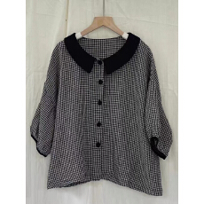 批发韩系复古文艺甜美气质上衣女夏季新款黑白格纹衬衫小<b class='q'>翻领</b>别致小衫