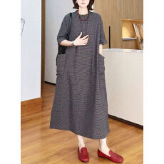 批发复古格纹<b class='q'>连衣裙</b>女2026夏季新款松弛感廓形设计宽松显瘦简约百搭裙