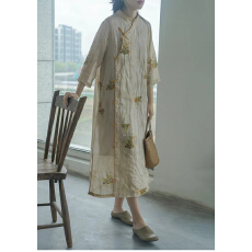 批发中式设计改良汉服女款袍子式<b class='q'>连衣裙</b>复古国风文艺苎麻印花旗袍裙