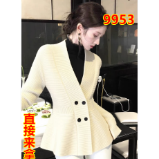 优雅风白色V领双排扣毛衣女款秋季新款高端小资气质名媛针织上衣
