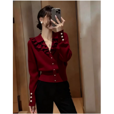 批发法式荷叶边珍珠翻领<b class='q'>长袖</b>针织<b class='q'>开衫</b>女冬季新款气质风百搭单排扣上衣