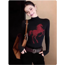 高级感小马印花高领长袖T恤女士打底衫修身巨好看烫钻黑色上衣春
