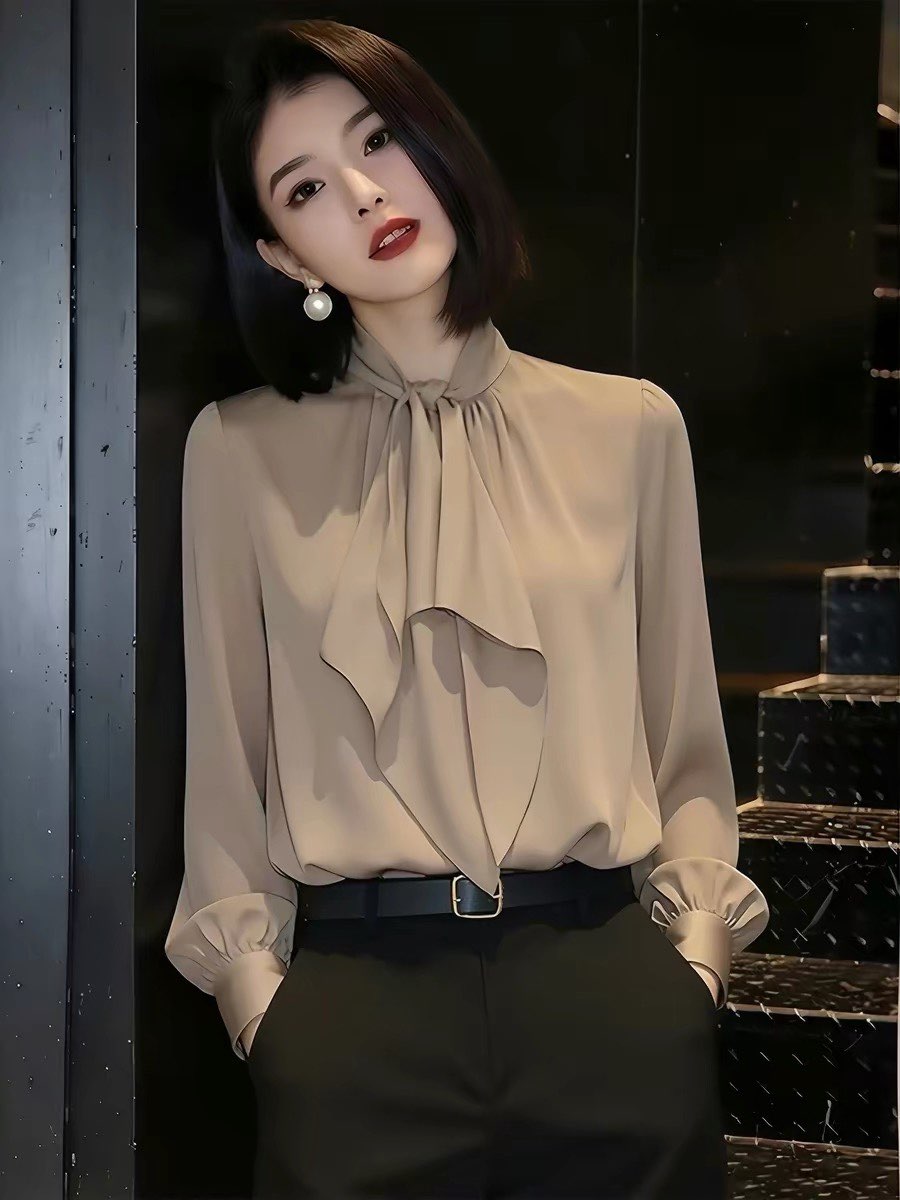 분위기 센스 빛 럭셔리 우아함 바람 레이스업 리본 여성 셔츠 2026 봄 새로운 고급 센스 다용도 출퇴근 셔츠