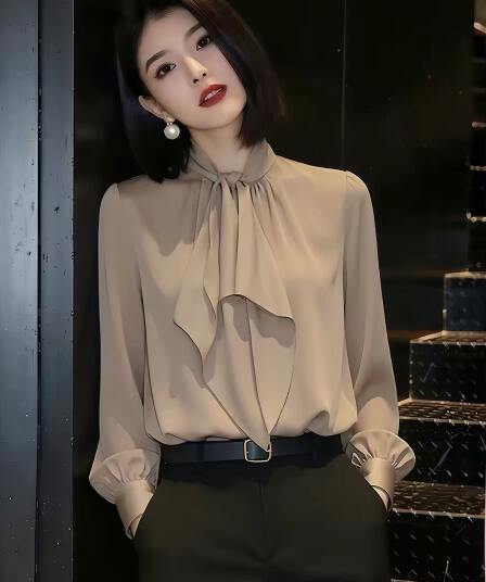 분위기 센스 빛 럭셔리 우아함 바람 레이스업 리본 여성 셔츠 2026 봄 새로운 고급 센스 다용도 출퇴근 셔츠