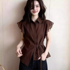 批发设计感咖色小翻领短袖衬衫女2026夏季新款收腰绑带荷叶边气质上衣