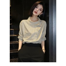 批发百搭条纹杏色衬衫女春季2026年新款洋气减龄<b class='q'>小衫</b>设计感超好看衬衣