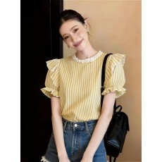 批发法式<b class='q'>甜美</b>风黄色条纹泡泡袖木耳边衬衫女2026年春季显瘦高级感上衣