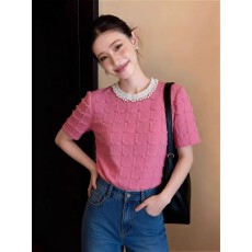 批发小香风圆领钉珠短袖t恤女2026年春季新款超好看设计感减龄上衣<b class='q'>潮</b>