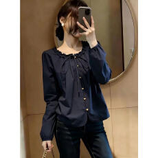 批发韩版木耳边圆领系带长袖衬衫女春装大码<b class='q'>胖</b>mm<b class='q'>复古</b>小众气质百搭上衣