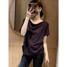 批发法式慵懒荡领宽松短袖上衣女夏季大码<b class='q'>胖</b>妹妹高级复古气质百搭T恤