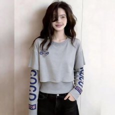 美式灰色假两件长袖T恤字母印花休闲百搭气质设计感小众减龄上衣