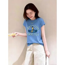 蓝色通勤风别致字母印花短袖T恤女春夏季宽松显瘦百搭减龄上衣潮
