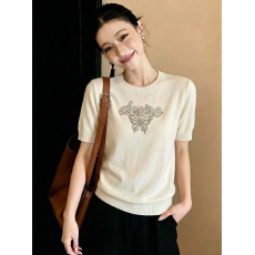 批发2026夏季爆款 撞色刺绣圆领短袖<b class='q'>T</b><b class='q'>恤</b>女休闲百搭套头针织衫上衣女