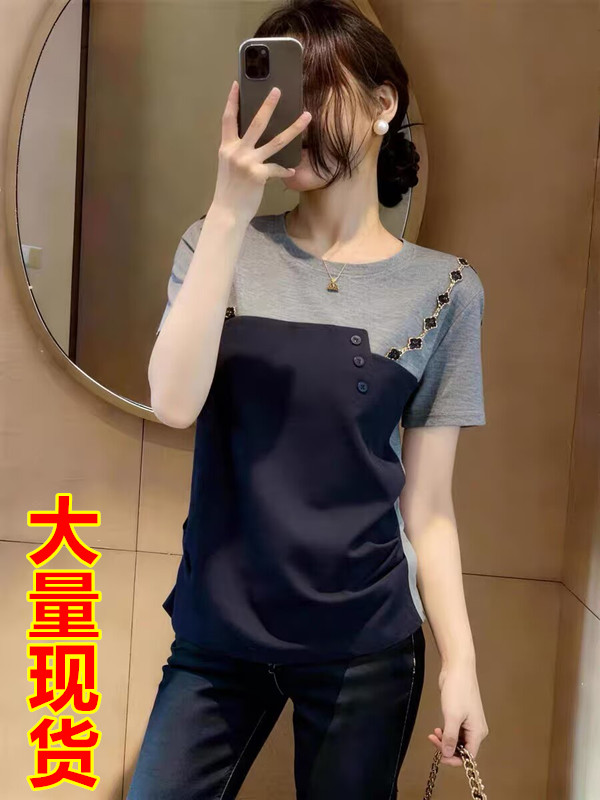 한국 스타일 디자인 센스 체인 페이크 레이어드 티셔츠 여성 여름 빅 사이즈 통통한 여동생 레트로 품격 슬림해 보이는 다용도 맨위