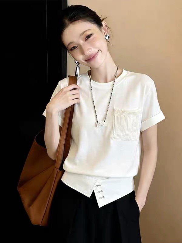 시간 아직도 느낌 Chic 레트로 라운드 넥 반팔 티셔츠 여성 봄 여름 비대칭 디자인 작은 대중 다용도 연령 감소 맨위