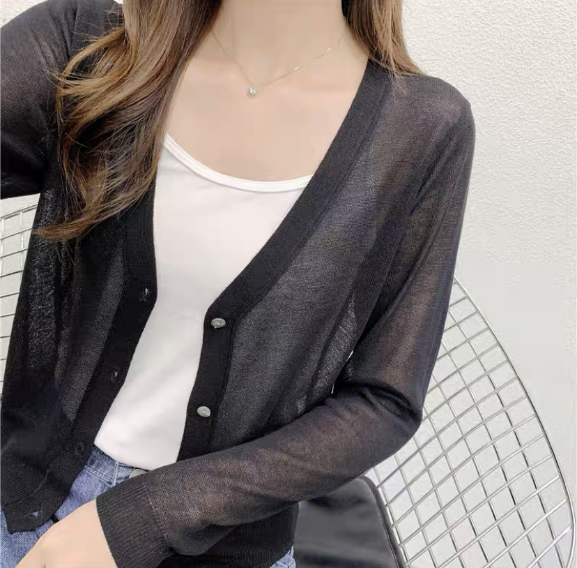 Ice silk knitted cardigan shawl summer thin top with skirt for women's short sun protection suspender outside air conditioning shirt